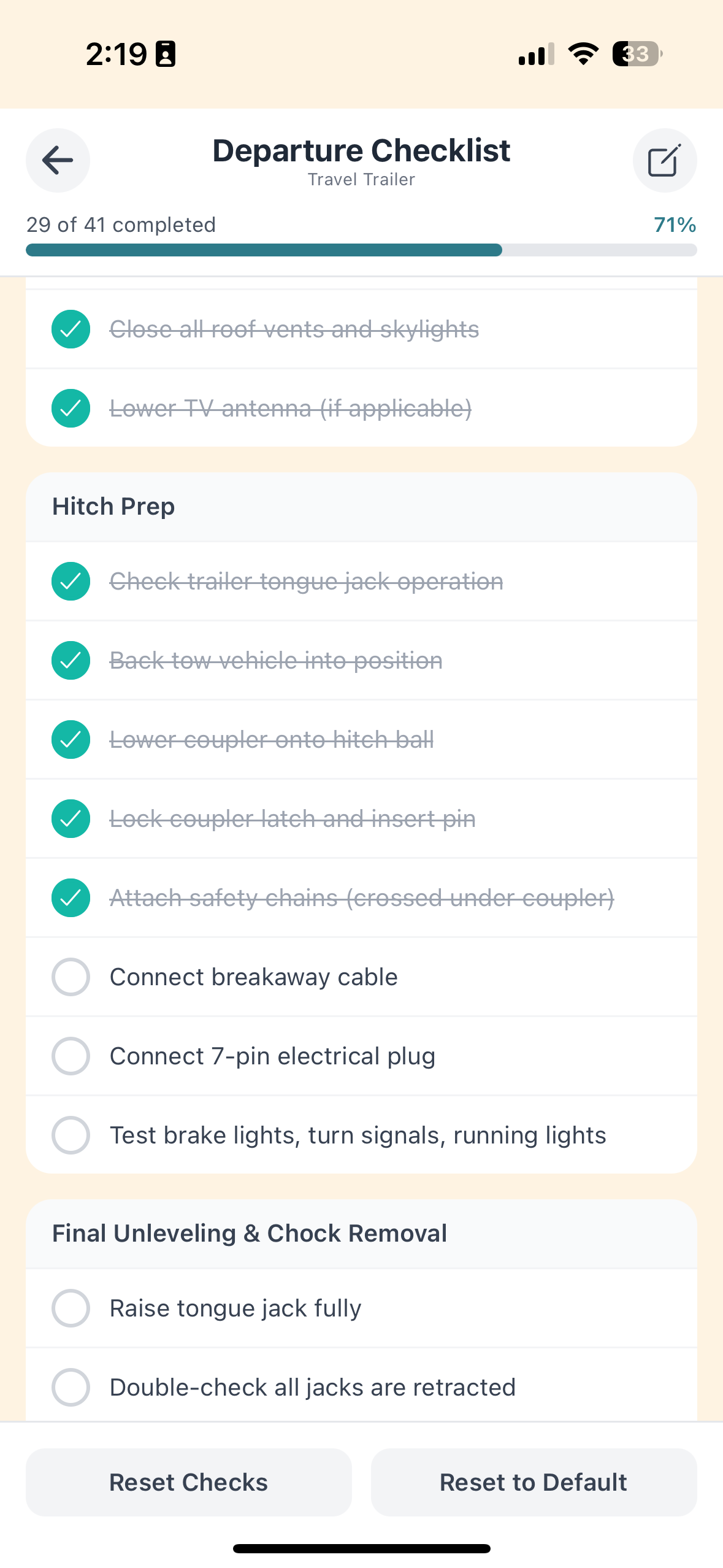 RoamEasy departure checklist screenshot