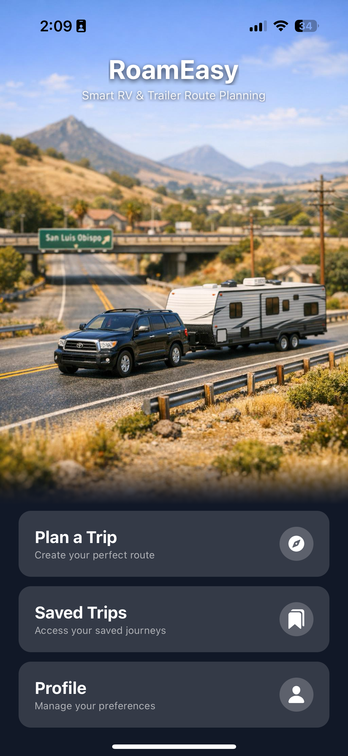 RoamEasy app home screen with personalized hero image