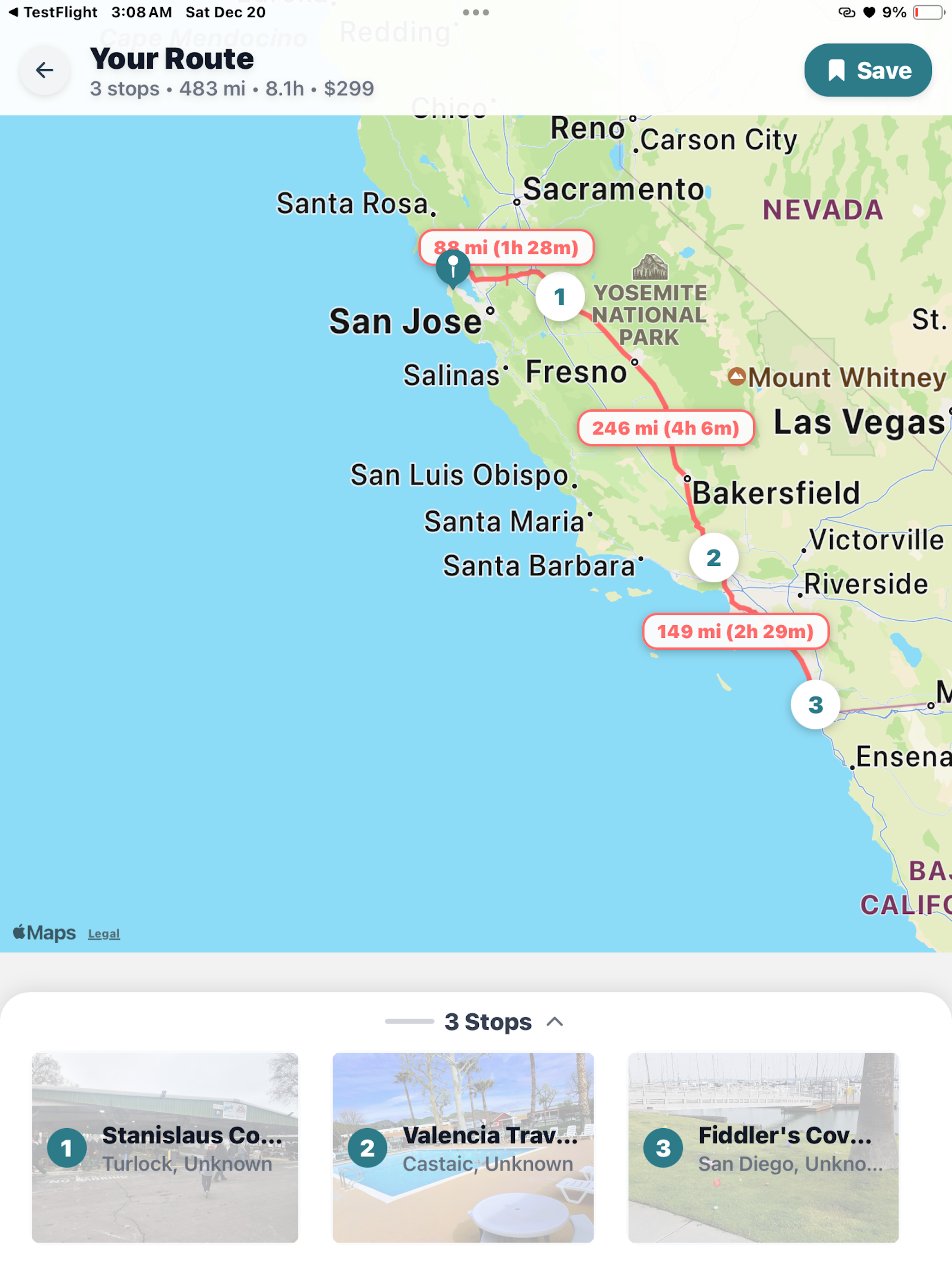 RoamEasy iPad trip overview screenshot